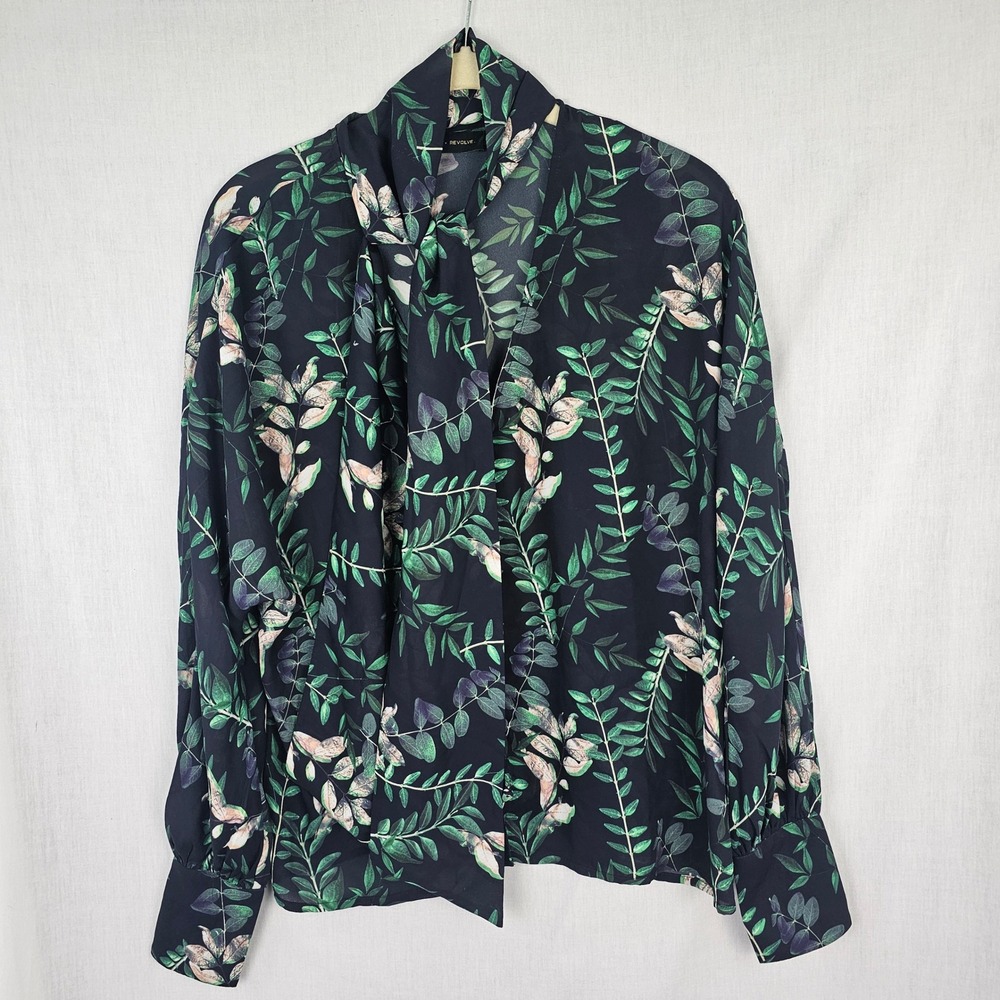 House of Harlow 1960 x REVOLVE Navy‎ Green Botanical Leaf Tie Neck Blouse XS